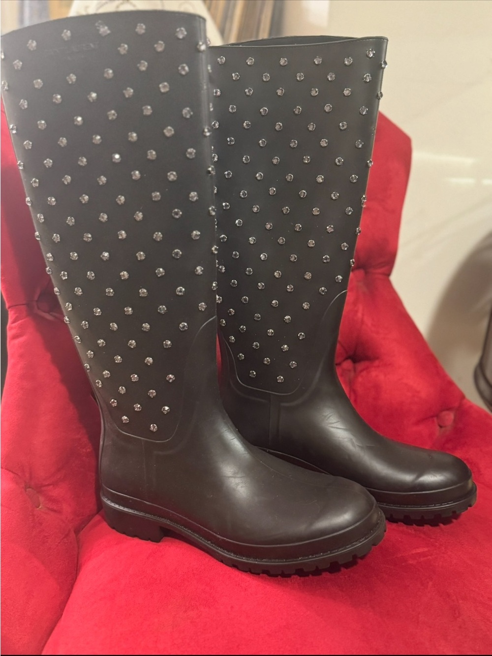 Saint Laurent Women's Black Rubber Women Rain Boots with crystal studs - Picture 1 of 2